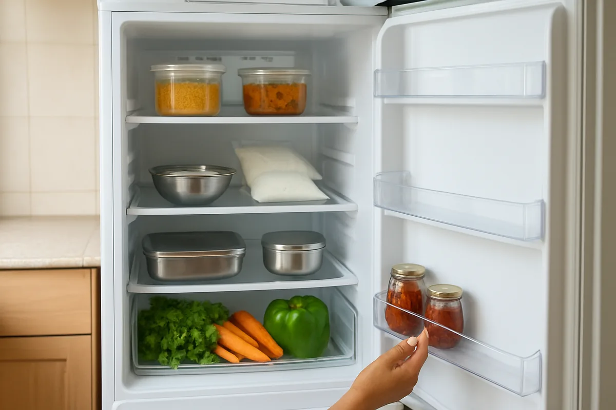 Refrigerator organization tips and hacks: Indian fridge with steel and glass boxes sorted by shelf zone