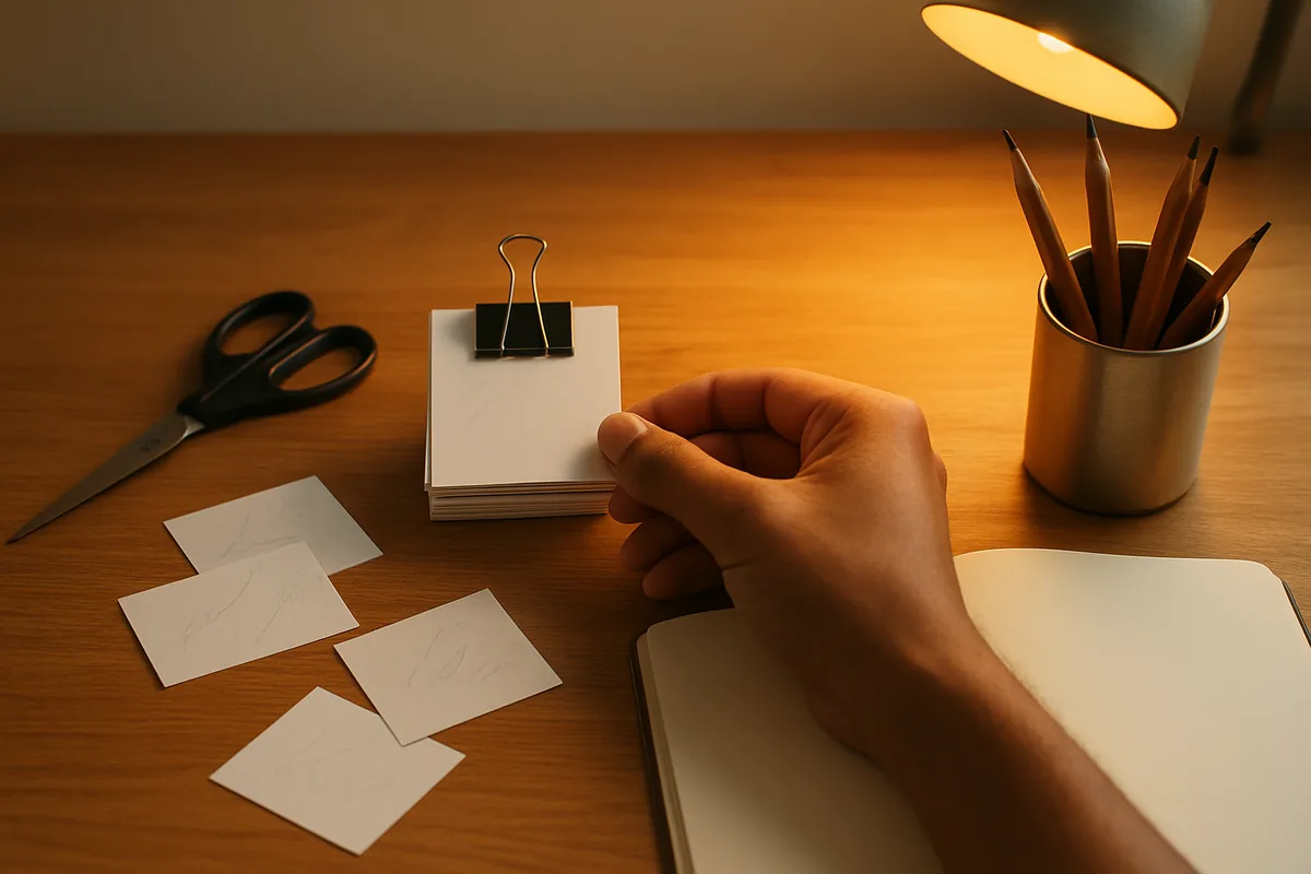 Hand-cut flashcards from old paper sheets beside a notebook, high school study hacks for revision