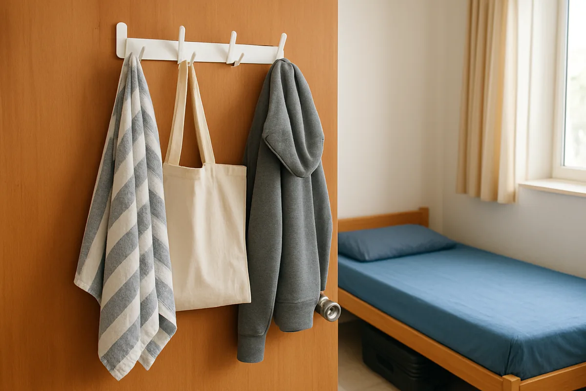 Over-door hook rail with towel and bags in a hostel room, college life hacks for small spaces