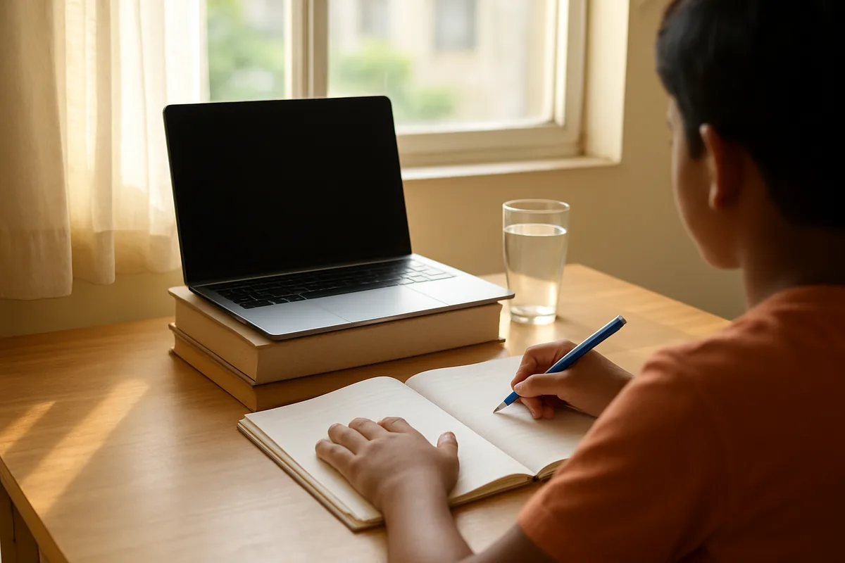 Laptop raised on a stack of books with a notebook in front, life hacks for online classes at home