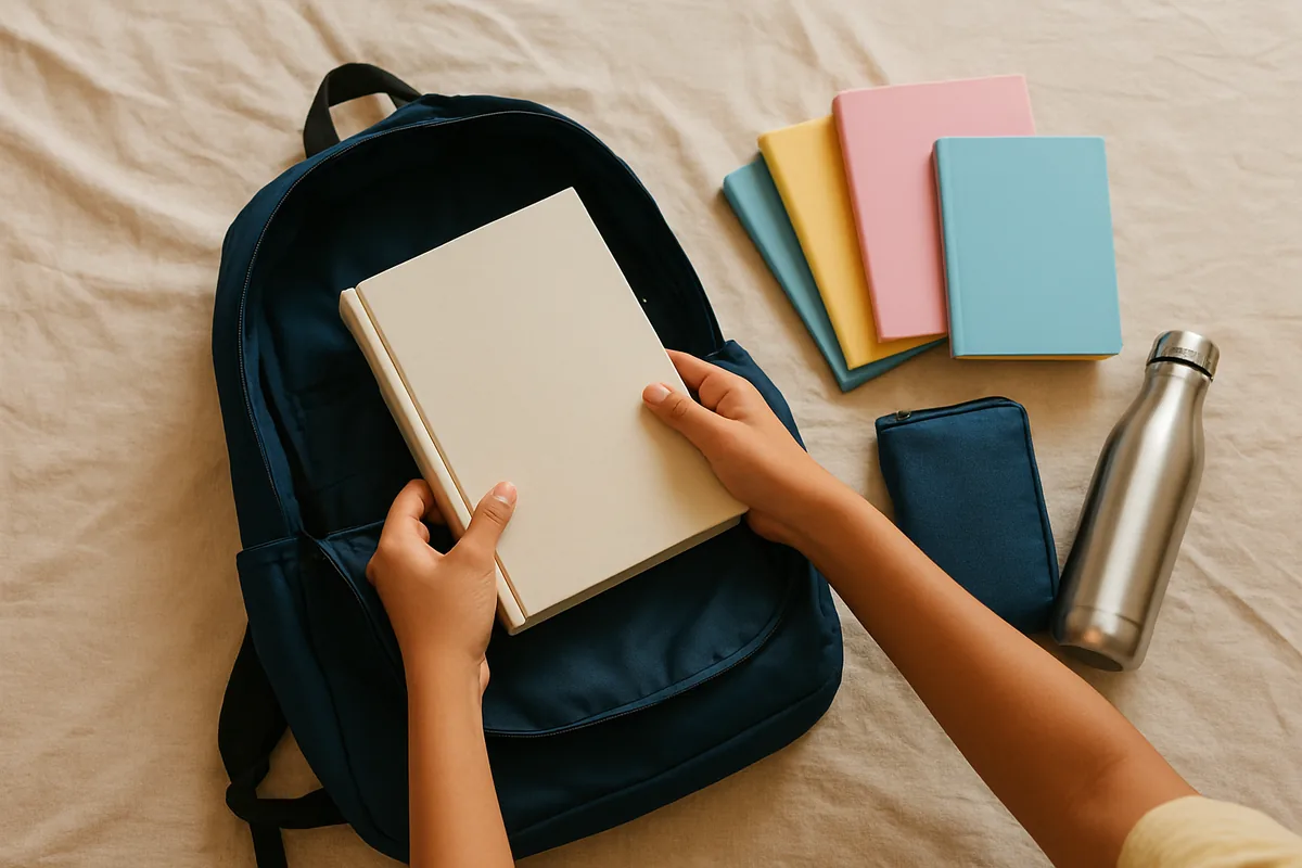 Hands packing heavy books near the back of a school bag, school hacks for students with heavy bags