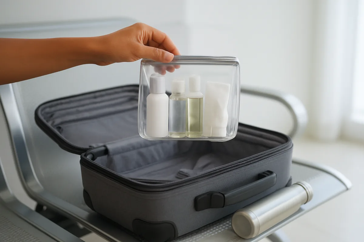 Clear zip pouch of small liquids on top of a cabin bag, travel hacks airport security made easy