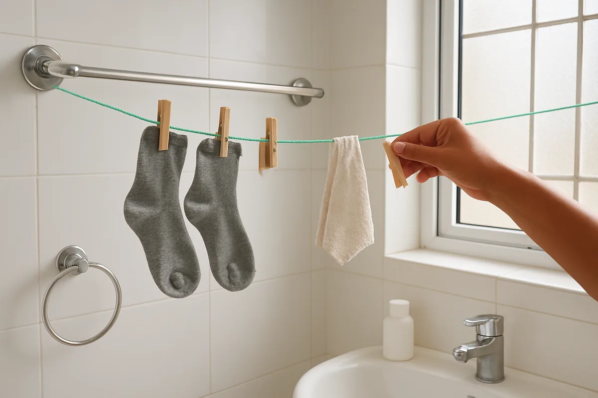 A thin nylon cord tied across a hotel bathroom with socks drying, practical travel hacks for hotels