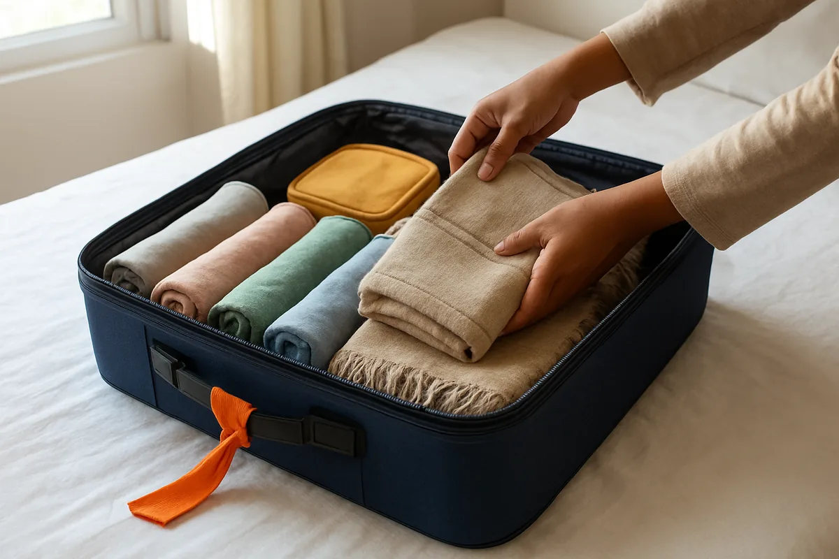 Open suitcase with a small grab pouch and rolled clothes, one of the best travel hacks before a trip
