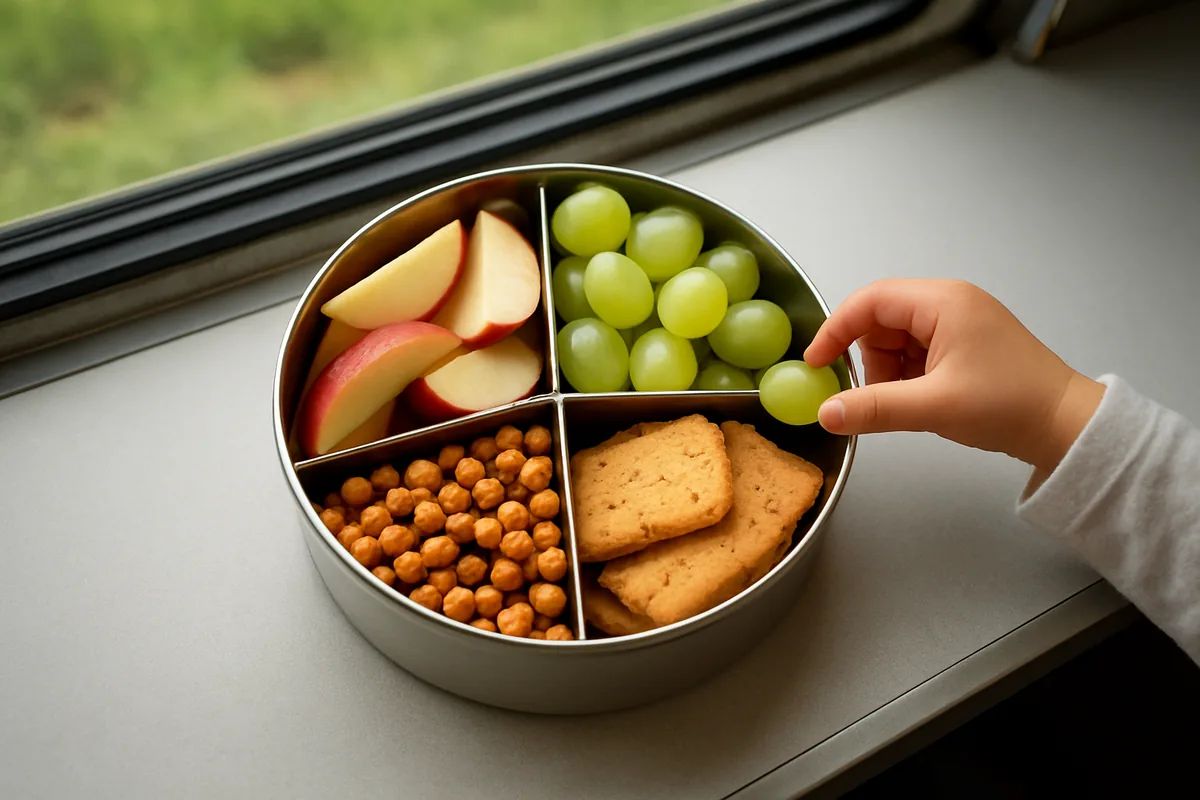 Divided steel tiffin with fruit and makhana for a toddler, travel hacks with kids on a train