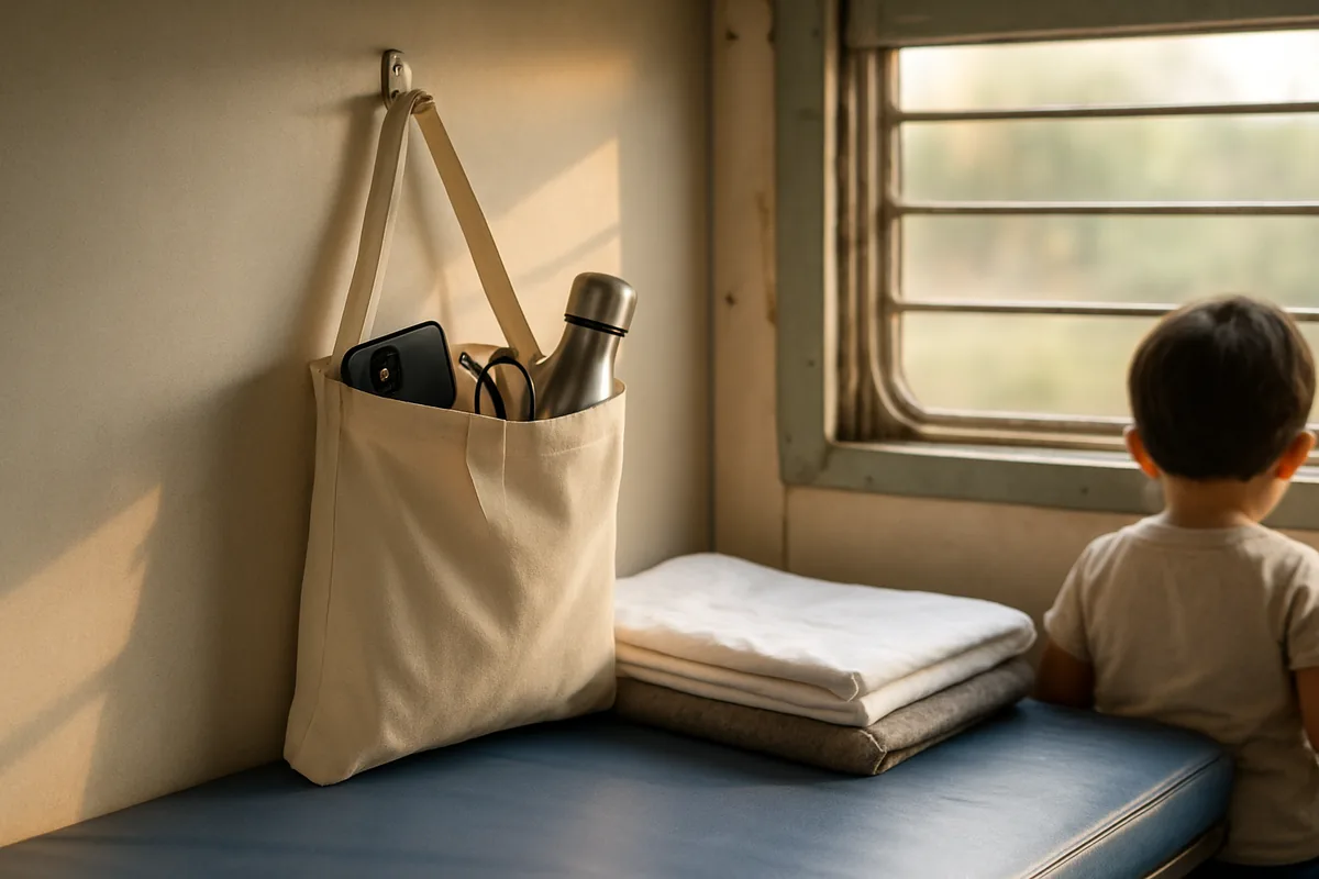 Cloth bag hanging on a train berth hook with a phone and glasses, simple travel hacks for Indian trains