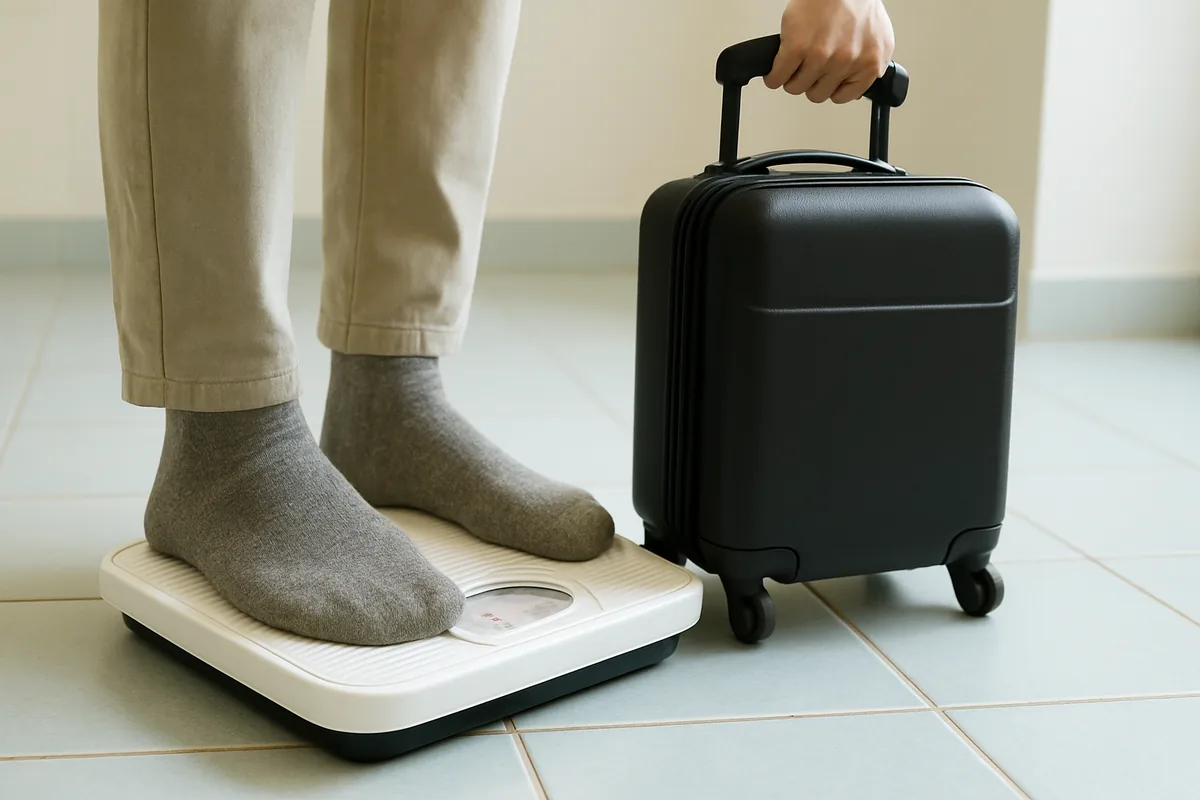 Feet on a bathroom scale beside a cabin bag, travel hacks for avoiding overweight luggage fees