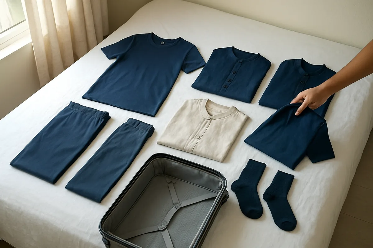 Clothes in two colours laid out on a bed before packing, packing hacks for travel that cut extra weight