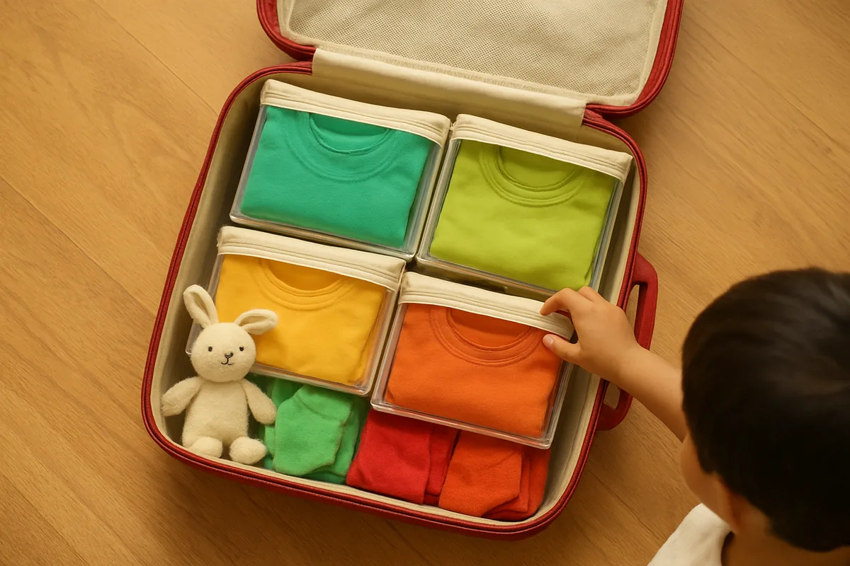 Daily outfit pouches for a child stacked in a suitcase, travel packing hacks for kids