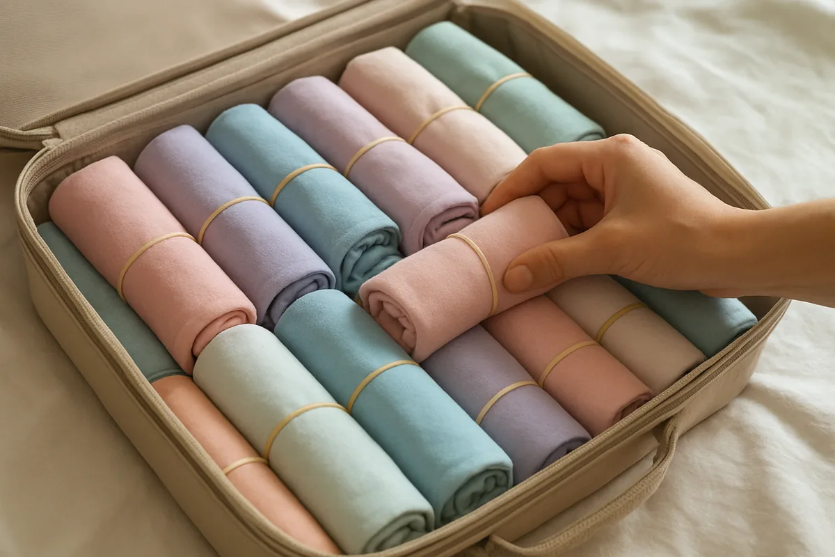 Rolled T-shirts held with rubber bands in a suitcase, travel packing hacks folding method
