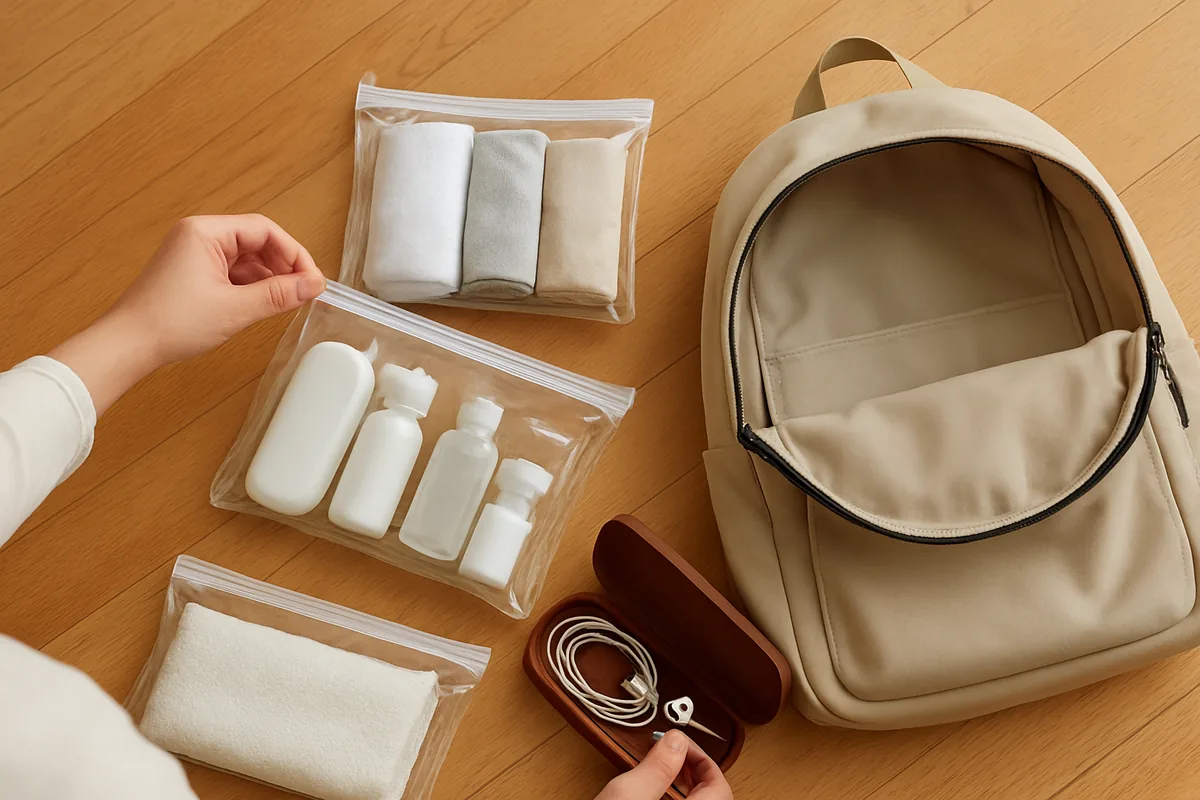 Zip pouches used as packing cubes with chargers in a spectacle case, a diy travel packing hacks idea